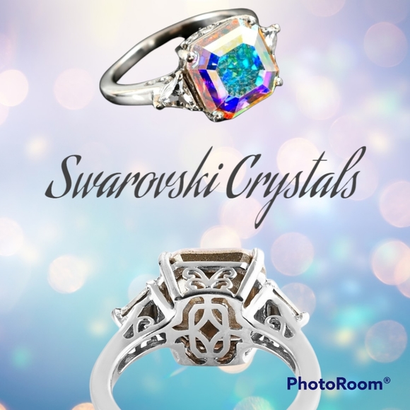 Swarovski Crystal Aurora Borealis, Emerald Cut Ring 925 Solid Sterling Silver. 8 - Picture 8 of 8